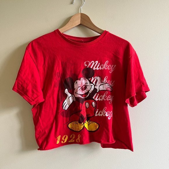 Disney Cropped Top Short‎ Sleeve Graphic Print Mickey Mouse 1928 Womens Sz M Red - Picture 1 of 3